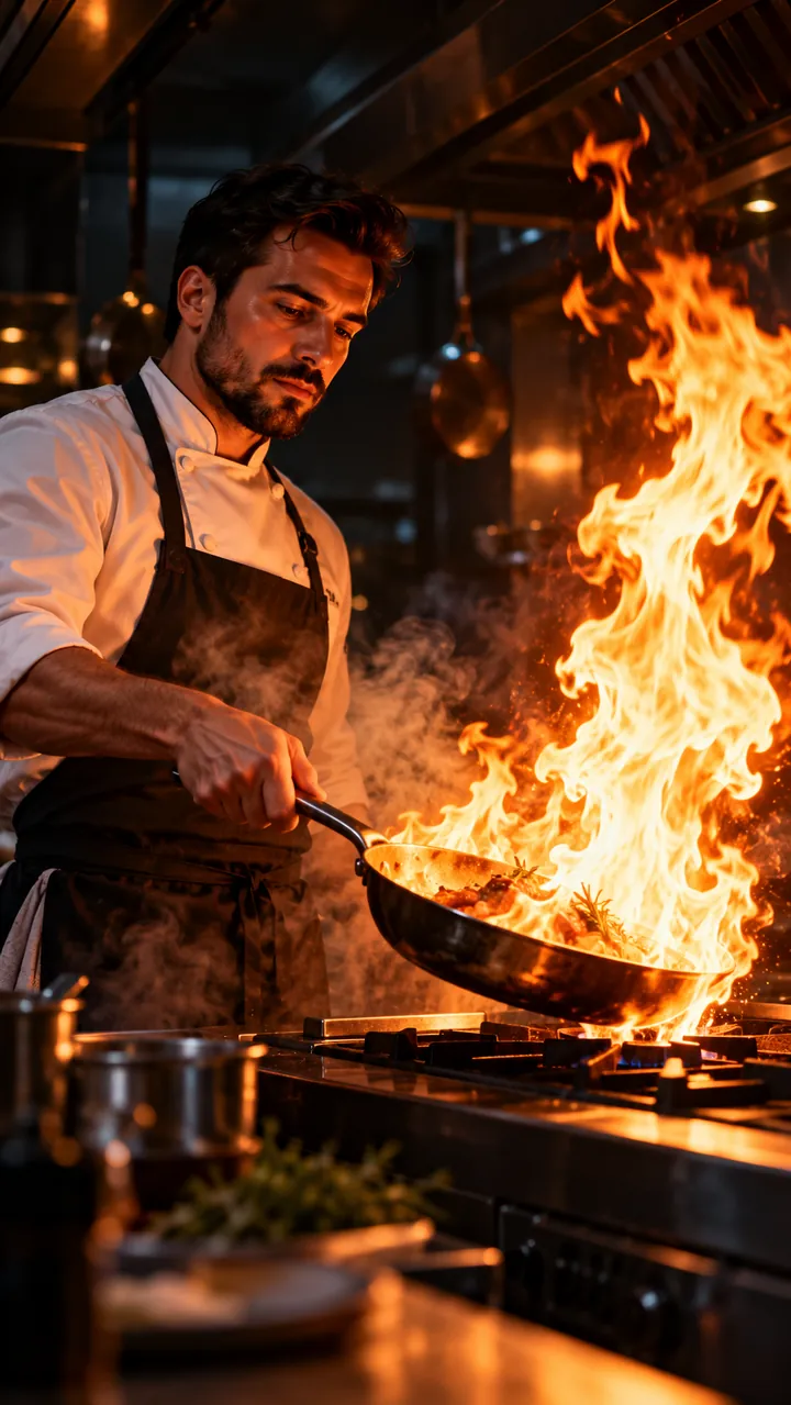 Chef with a burst of flame in a dark kitchen