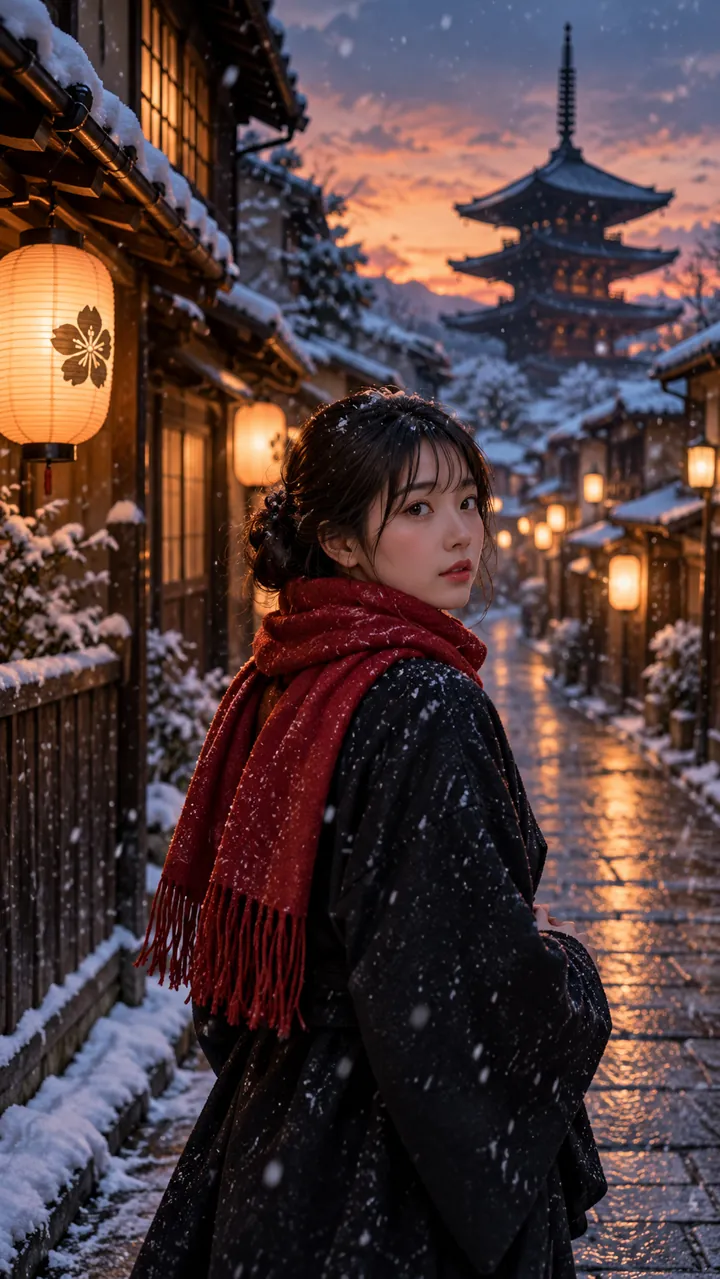 Woman in a red scarf in a snowy Kyoto alley