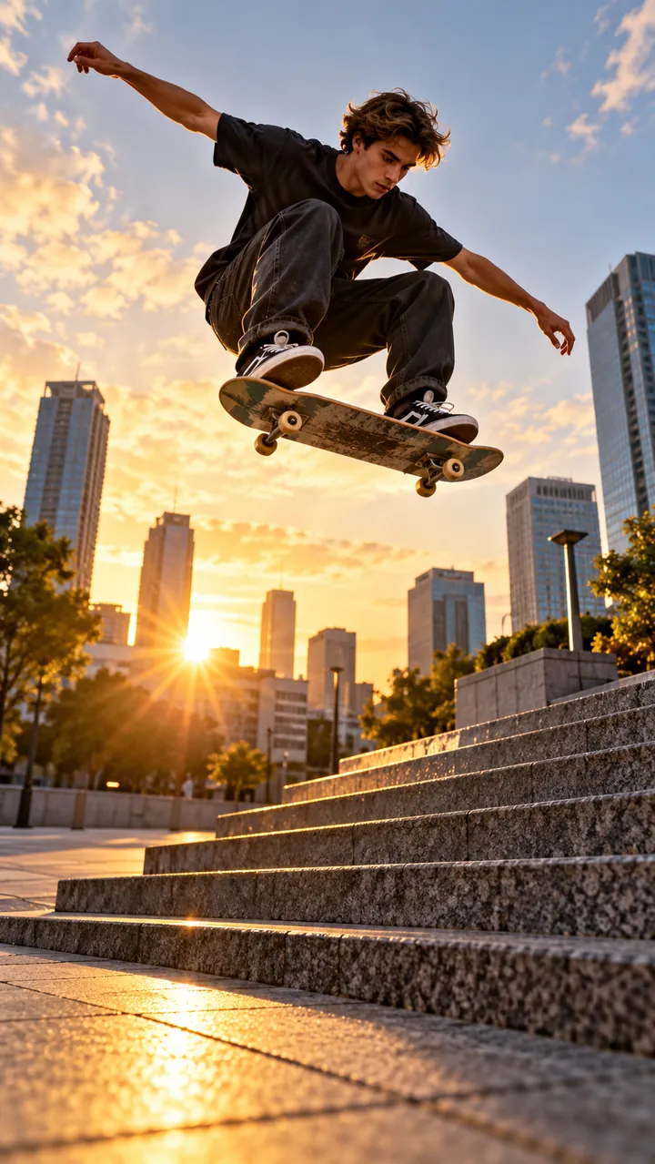 Skateboarder mid ollie at golden hour